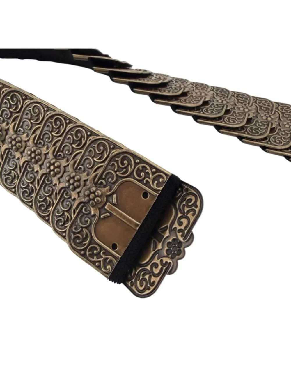 Y2K Boho Coachella Festival Statement Wide Elastic Brass Tone Belt Ornate Buckle